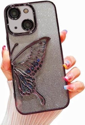 iPhone 15 Glitter Butterfly Design Case- Black