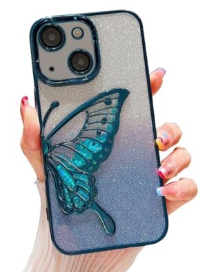 iPhone 15 Glitter Butterfly Design Case- Blue