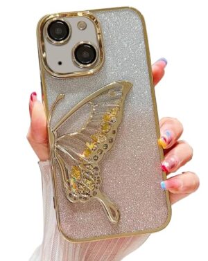 iPhone 15 Glitter Butterfly Design Case - Gold