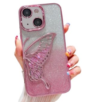 iPhone 15 Glitter Butterfly Design Case - Pink